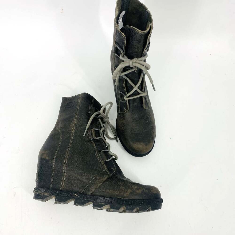 Sorel Women's 9 Gray Leather Lace Up Wedge Ankle Boots NL3491 Distressed